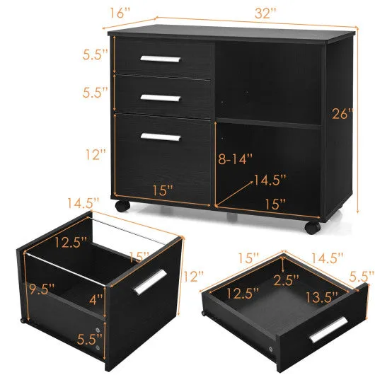 3-Drawer Mobile Lateral File Cabinet Printer Stand-Black