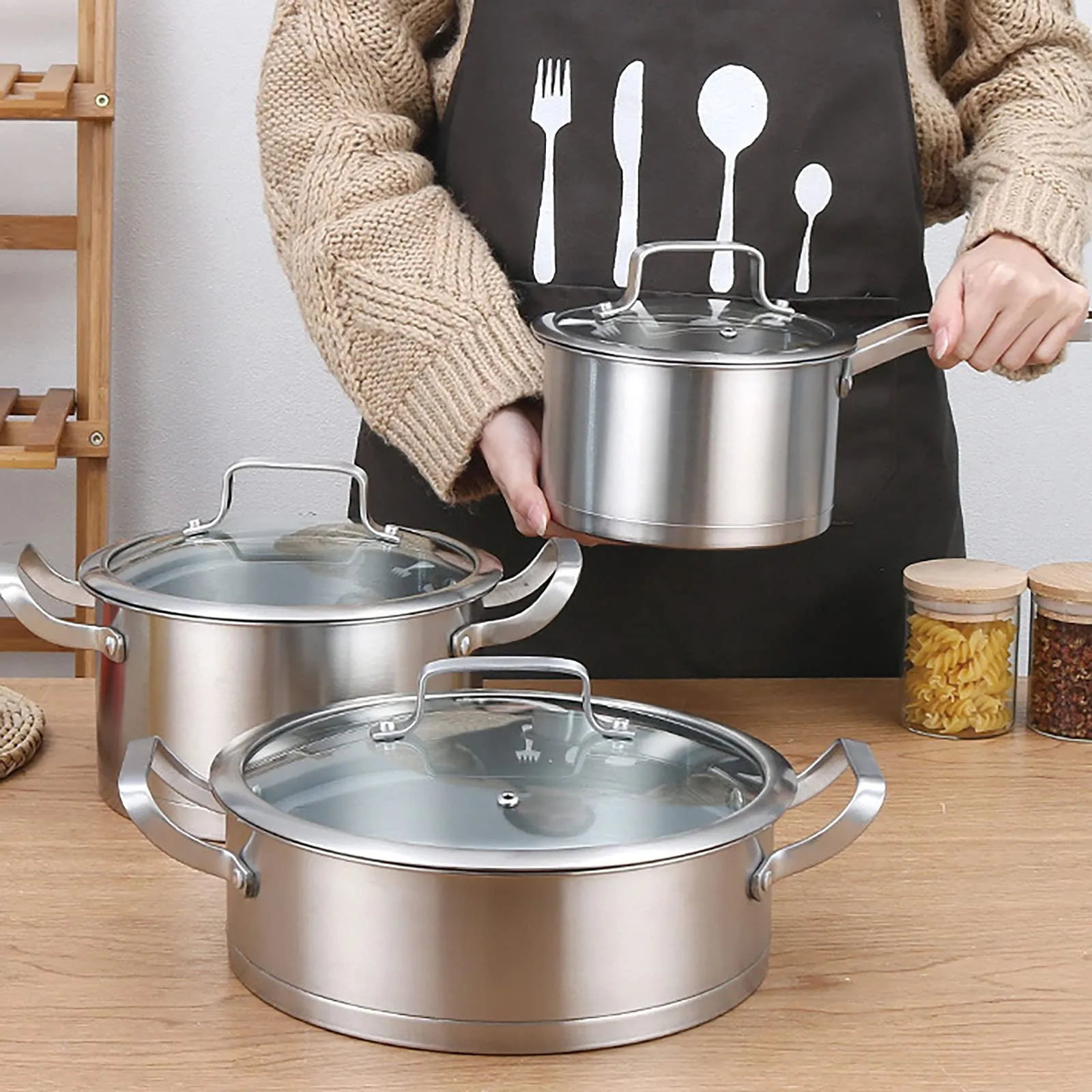 6 Pc Kitchen Sauce Pan Pots Set 430 Stainless Steel Cookware Set Milk stock Pot Pans Set