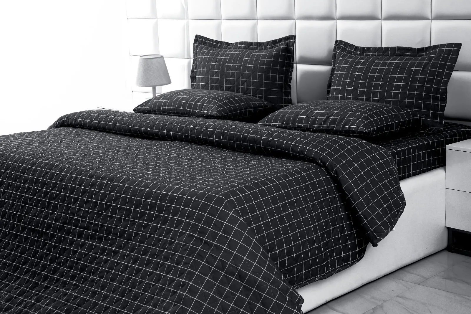 6 PCs Bed Spread Set-Black Check