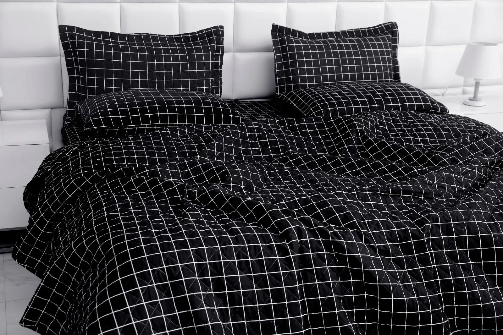 6 PCs Bed Spread Set-Black Check