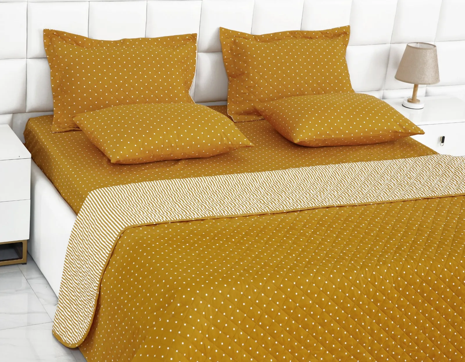 6 PCs Bed Spread Set-Mustard Polka