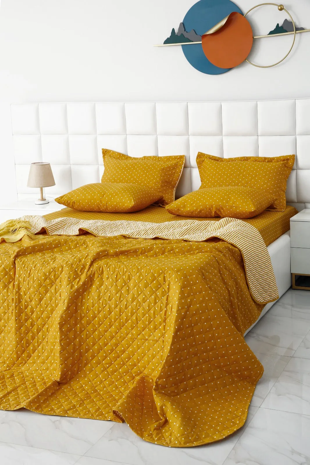 6 PCs Bed Spread Set-Mustard Polka