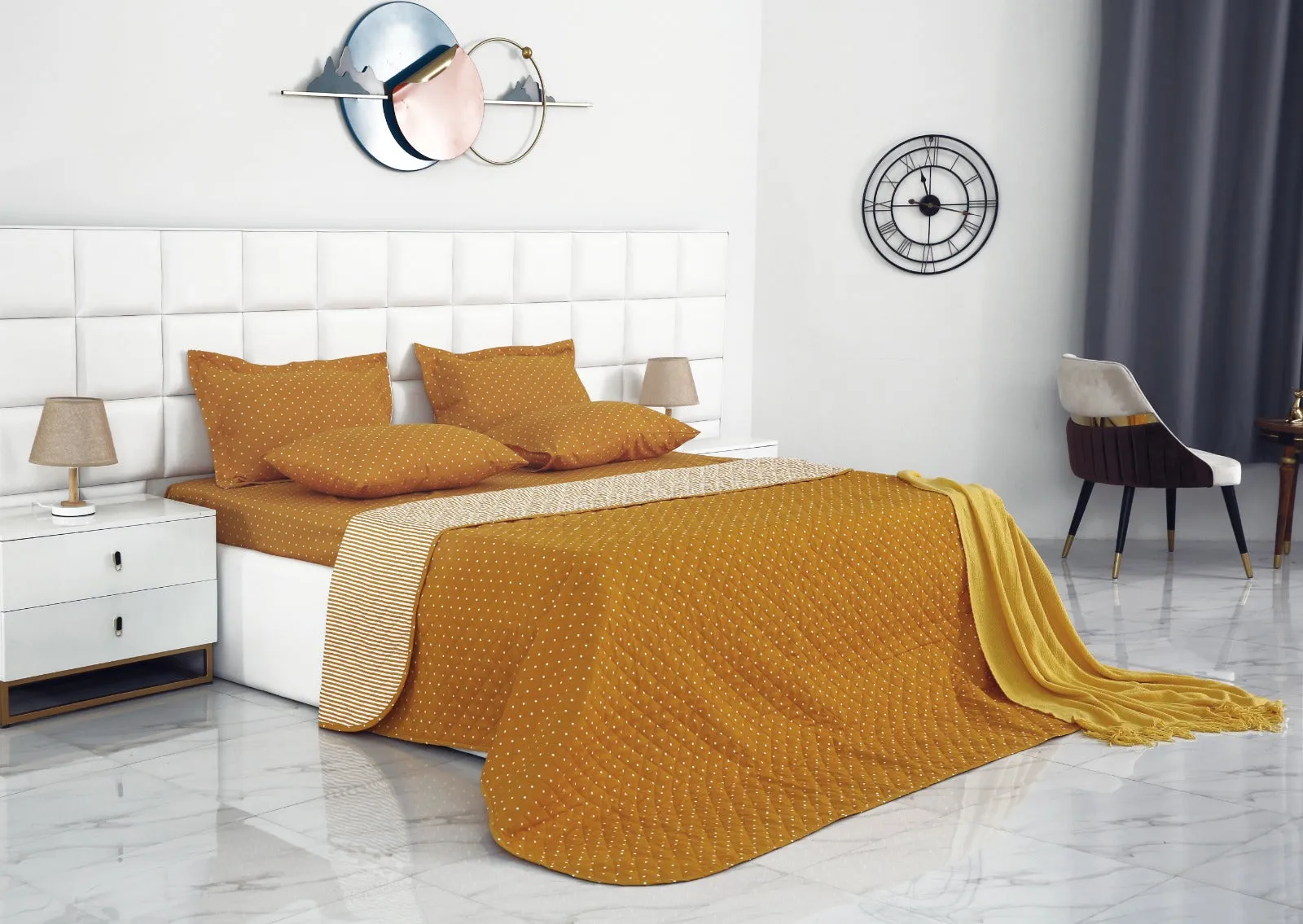 6 PCs Bed Spread Set-Mustard Polka