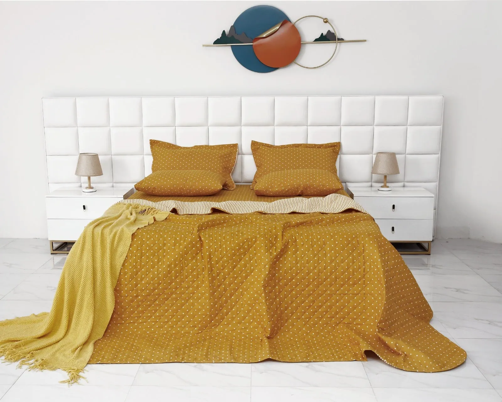 6 PCs Bed Spread Set-Mustard Polka