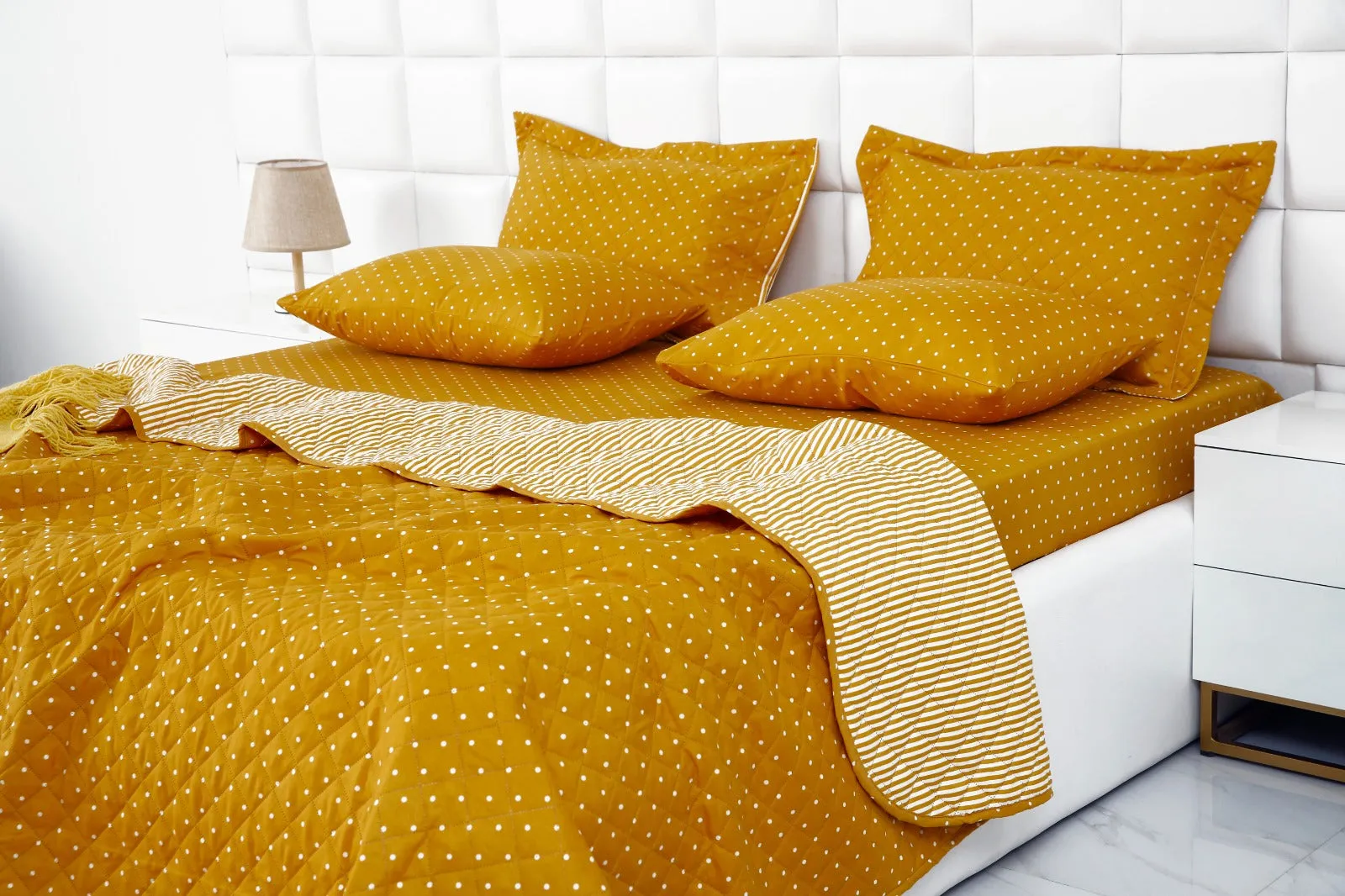 6 PCs Bed Spread Set-Mustard Polka