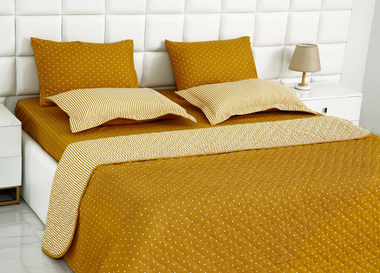 6 PCs Bed Spread Set-Mustard Polka