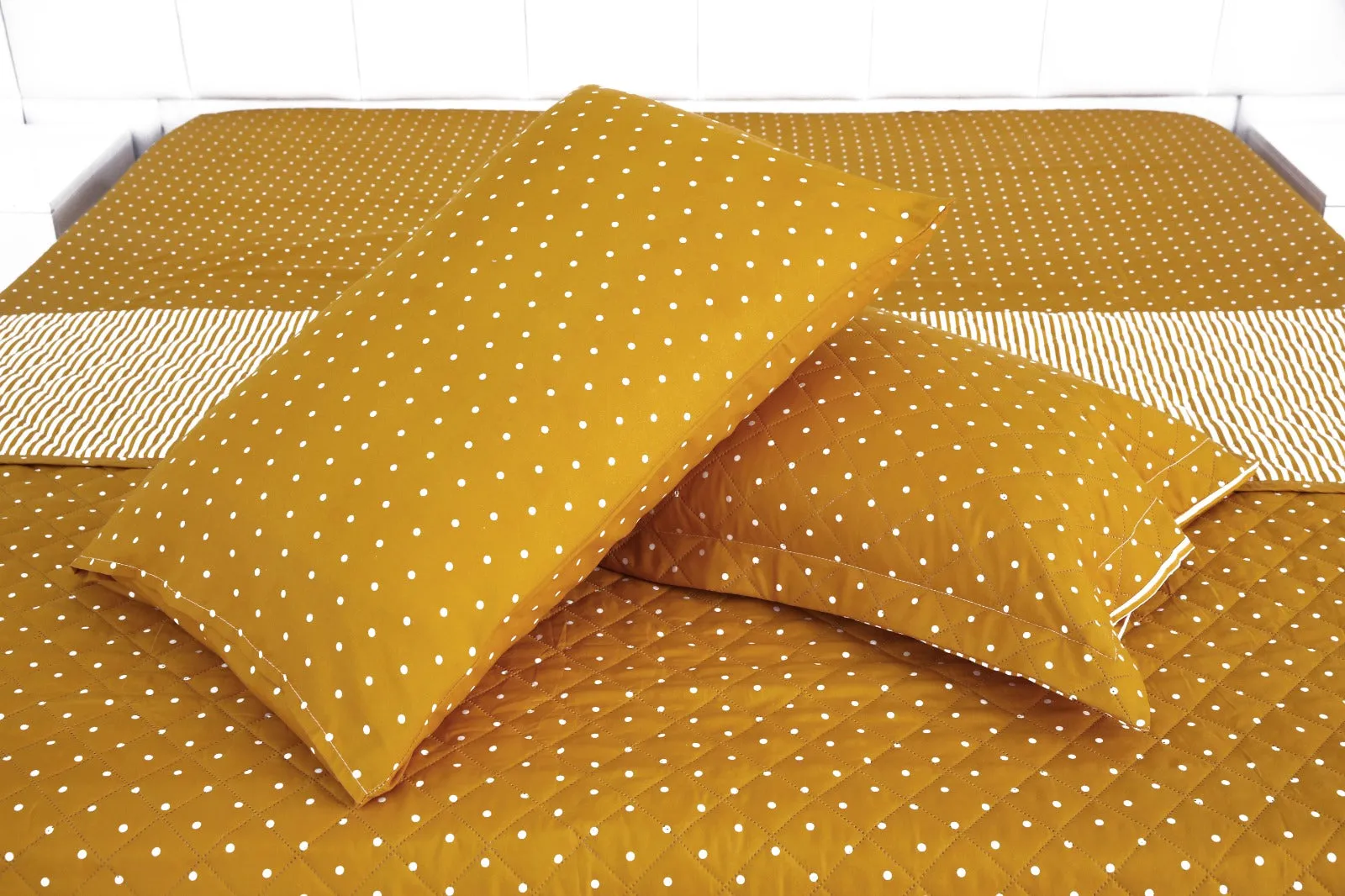 6 PCs Bed Spread Set-Mustard Polka