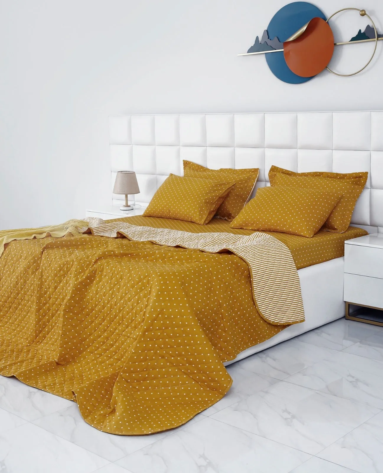 6 PCs Bed Spread Set-Mustard Polka