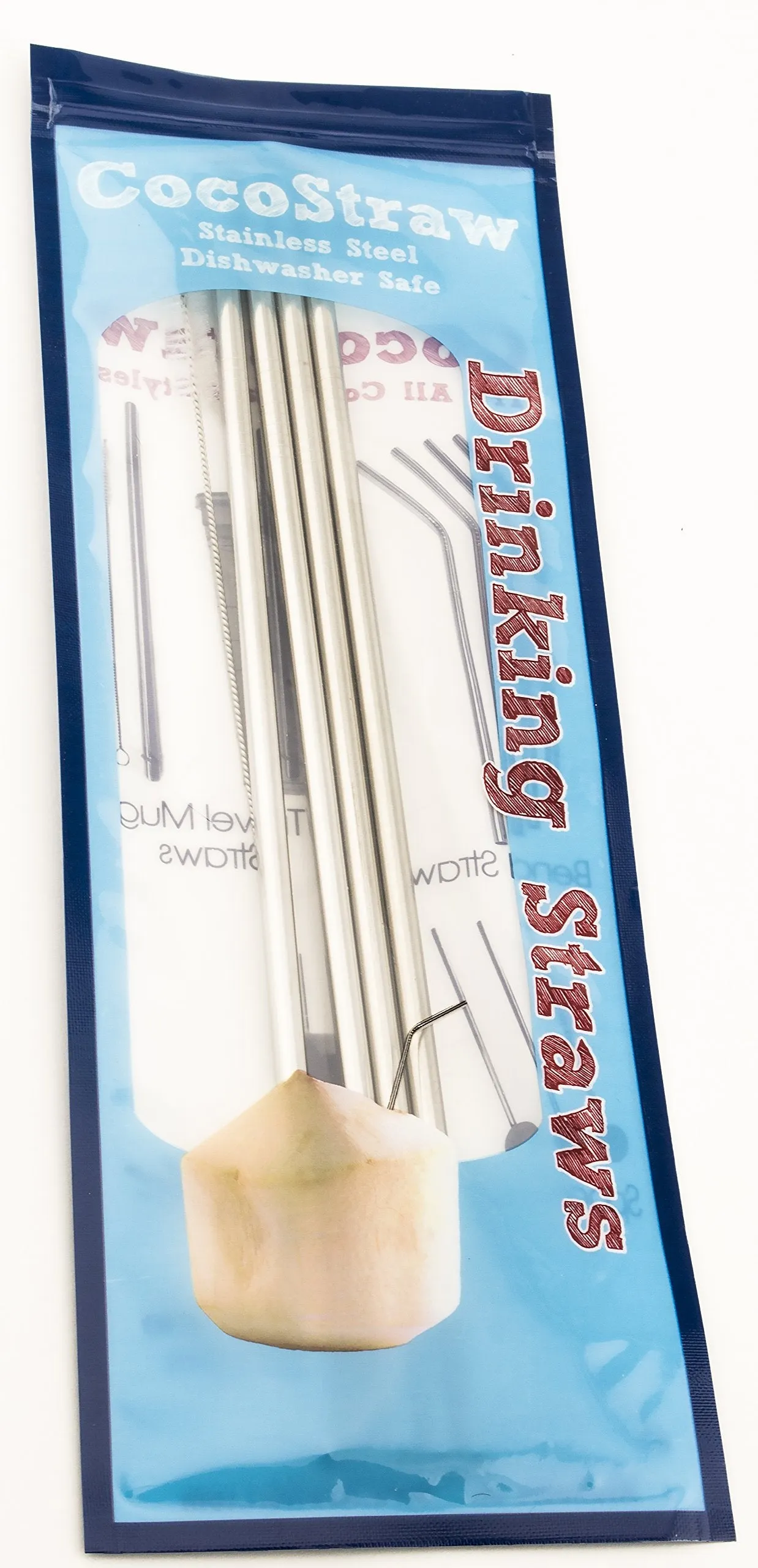 6 Reusable Straws - Stainless Steel Drinking - Set of 6   2 Cleaners - Eco Friendly, SAFE, NON-TOXIC non-plastic CocoStraw Brand