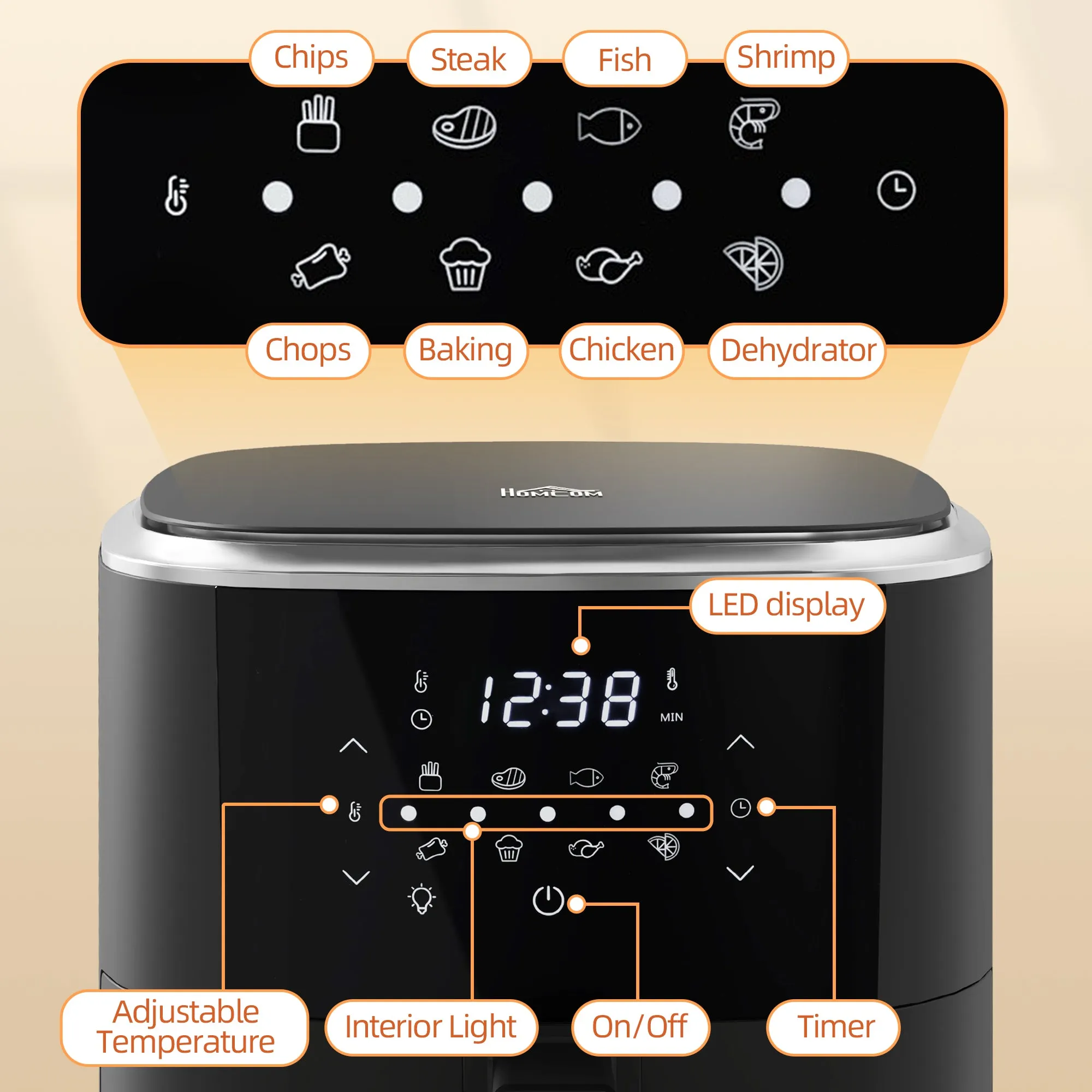 6.7L 4 in 1 Air Fryer, Bake, Roast and Dehydrator with Digital Display, Rapid Air Circulation, Adjustable Temperature, Timer