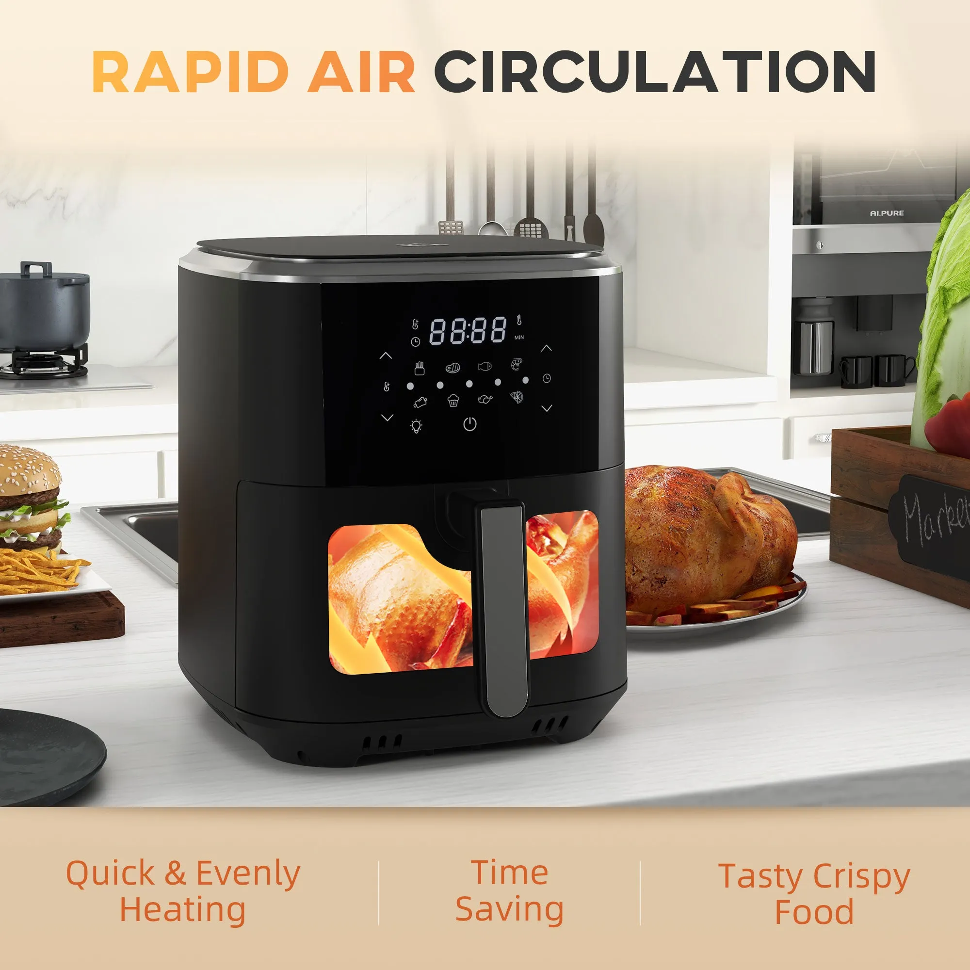 6.7L 4 in 1 Air Fryer, Bake, Roast and Dehydrator with Digital Display, Rapid Air Circulation, Adjustable Temperature, Timer