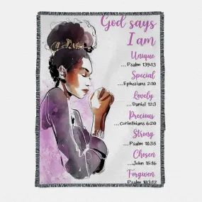 African American Women God Says I Am Woven Throw Blanket Prints - Motivational Boho Blanket For Black Girls Teens