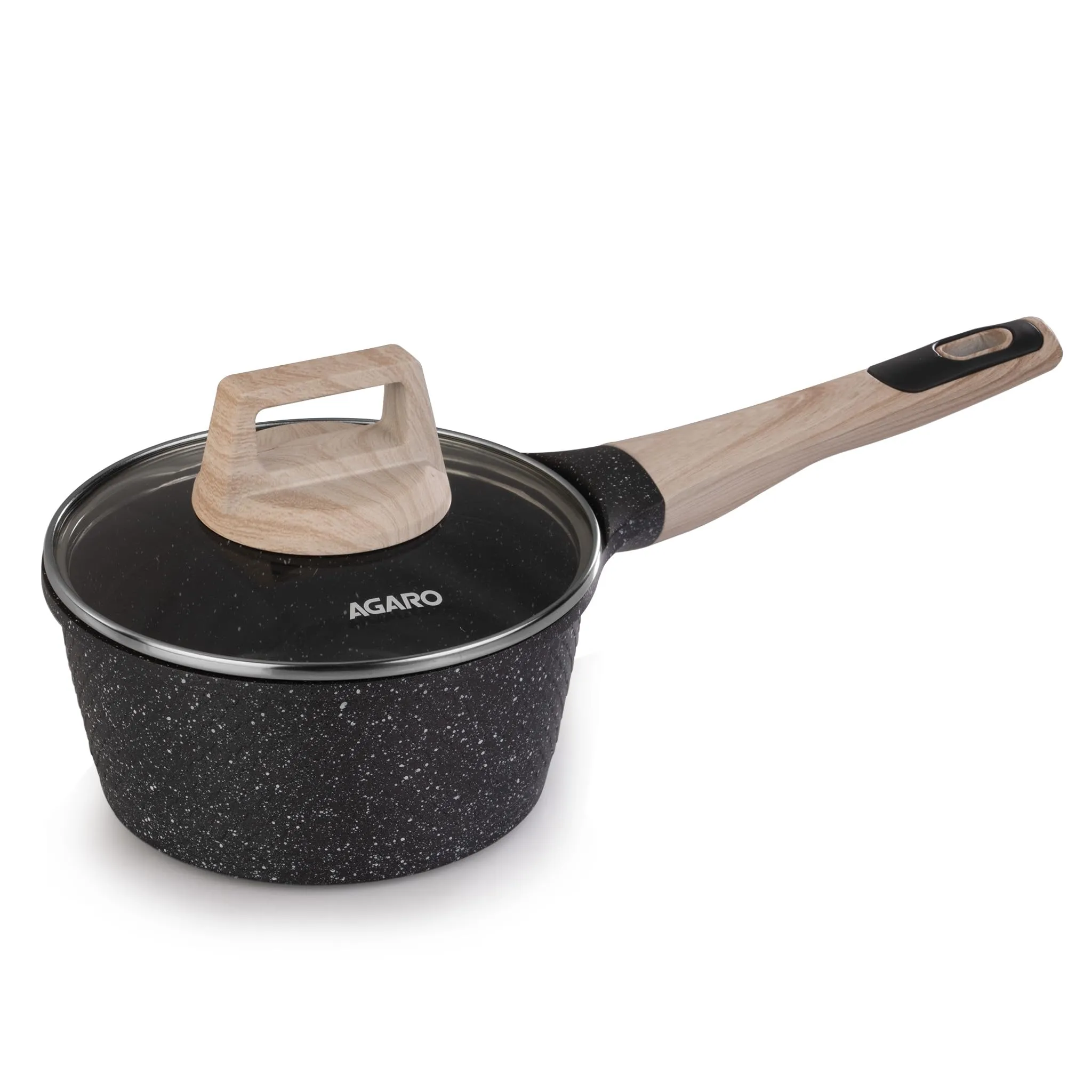 AGARO Imperial Granite Non Stick Sauce pan with Glass Lid, 1.5L / 16cm, Cast Aluminium Body, Tea Pan, Milk Pan, Soup Pan, Gas & Induction Compatible, Dark Grey.