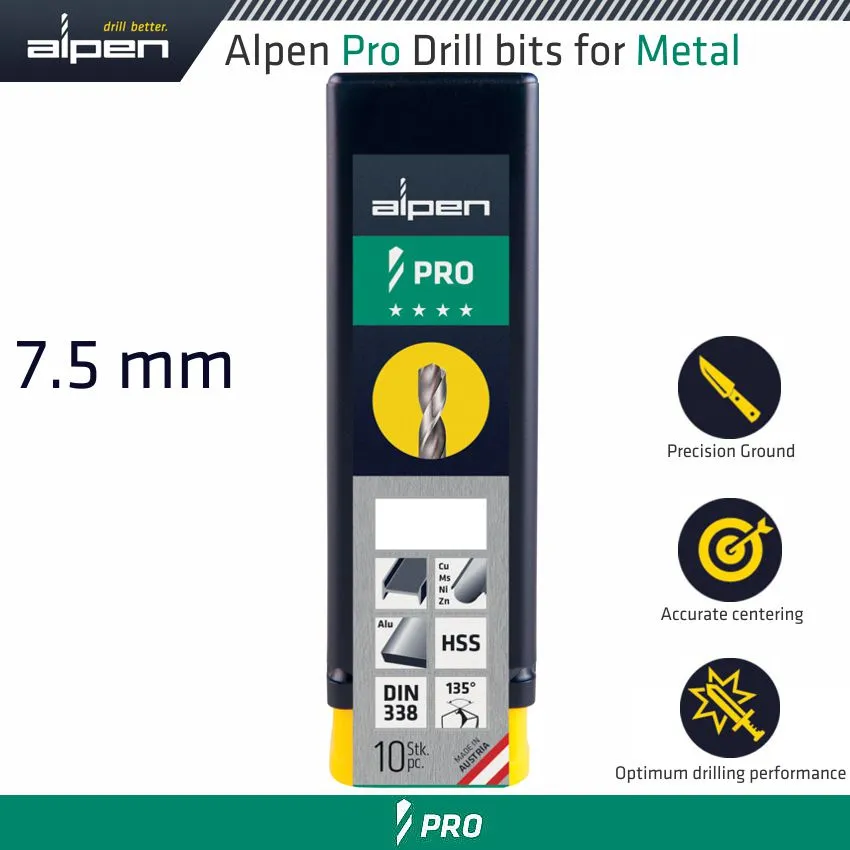 ALPEN ALPEN PRO HSS DRILL DIN 338 RN 135  WITH SPLIT POINT 7.5MM BULK ALP9540075