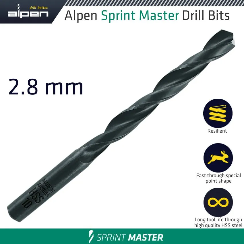 ALPEN HSS SPRINT MASTER 2.8MM X1 SLEEVED DIN338 ALPEN DRILL BIT ALP614028-1