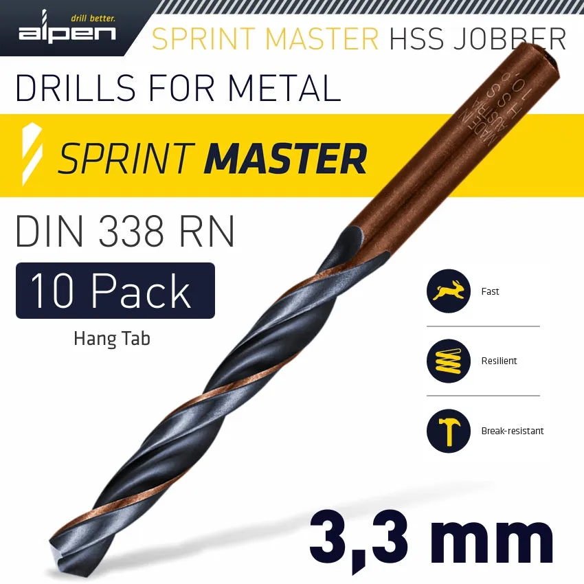 ALPEN HSS SPRINT MASTER 3.3MM 10-PACK HANG TAG DIN 338 ALPEN DRILL BITS ALP6310033