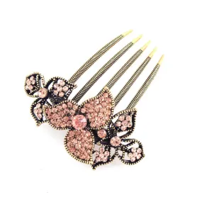 Antique Brass Rhinestone 3-Petal Flowers French Twist Comb Topaz