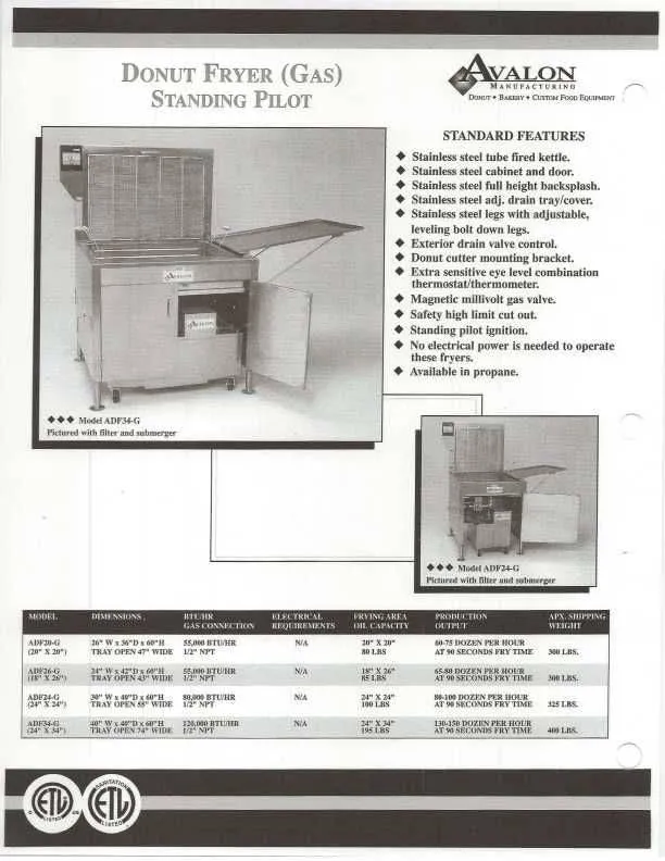 Avalon Donut Fryer 24" x 24", Natural Gas, Standing Pilot, No Power, Left Side Drain Board (ADF24G)