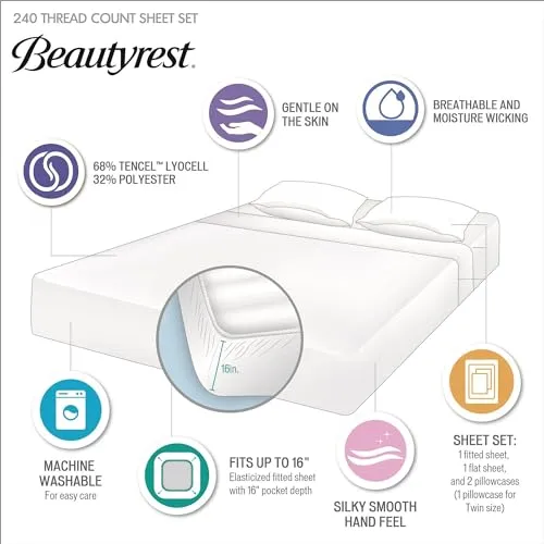 Beautyrest Twin Sheets Set Tencel Poly Blend, Cool Twin Bed Sheet Set, Colorfast, Moisture Wicking, Twin Size Sheet Set Silky Soft Gentle on Skin, Deep Pocket Fits up to 16" Mattress, Twin, Blue