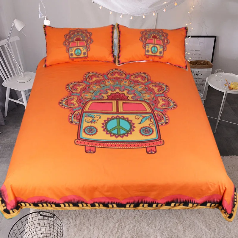 BeddingOutlet Hippie Vintage Car Bedding Set Orange Mandala Quilt Cover Peace Design Bed Set Bohemian a Mini Van Bedclothes 3pcs