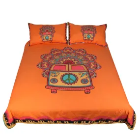 BeddingOutlet Hippie Vintage Car Bedding Set Orange Mandala Quilt Cover Peace Design Bed Set Bohemian a Mini Van Bedclothes 3pcs