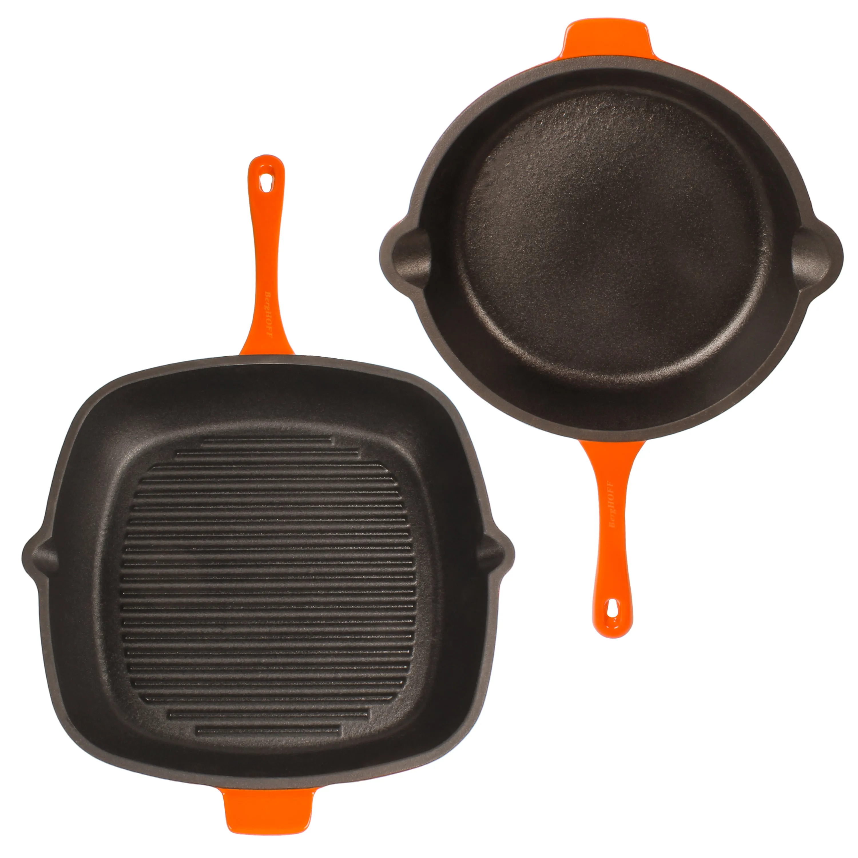 BergHOFF Neo 4pc Cast Iron Cookware Set, Grill Pan, Fry Pan & Oval Dutch Oven, Orange