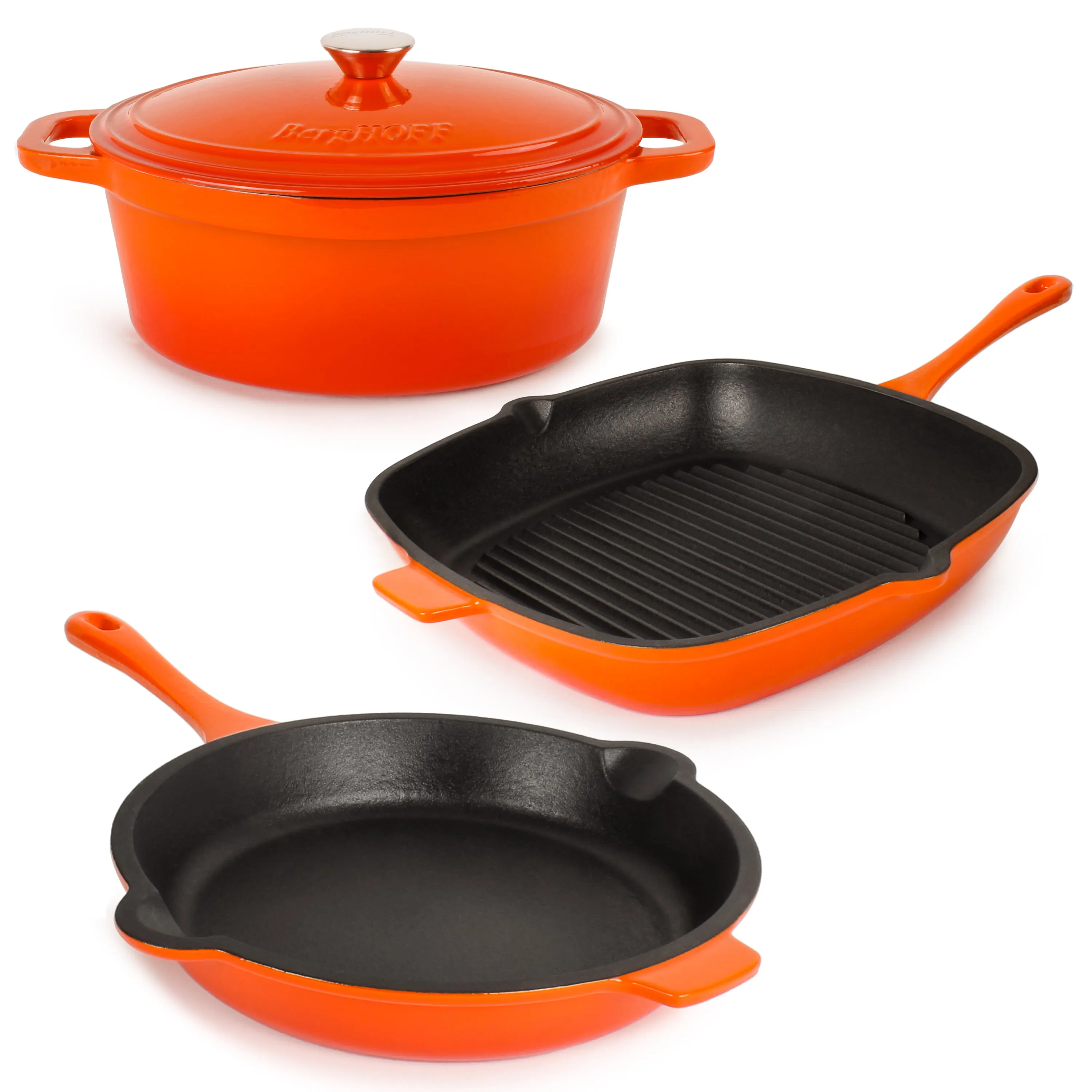 BergHOFF Neo 4pc Cast Iron Cookware Set, Grill Pan, Fry Pan & Oval Dutch Oven, Orange