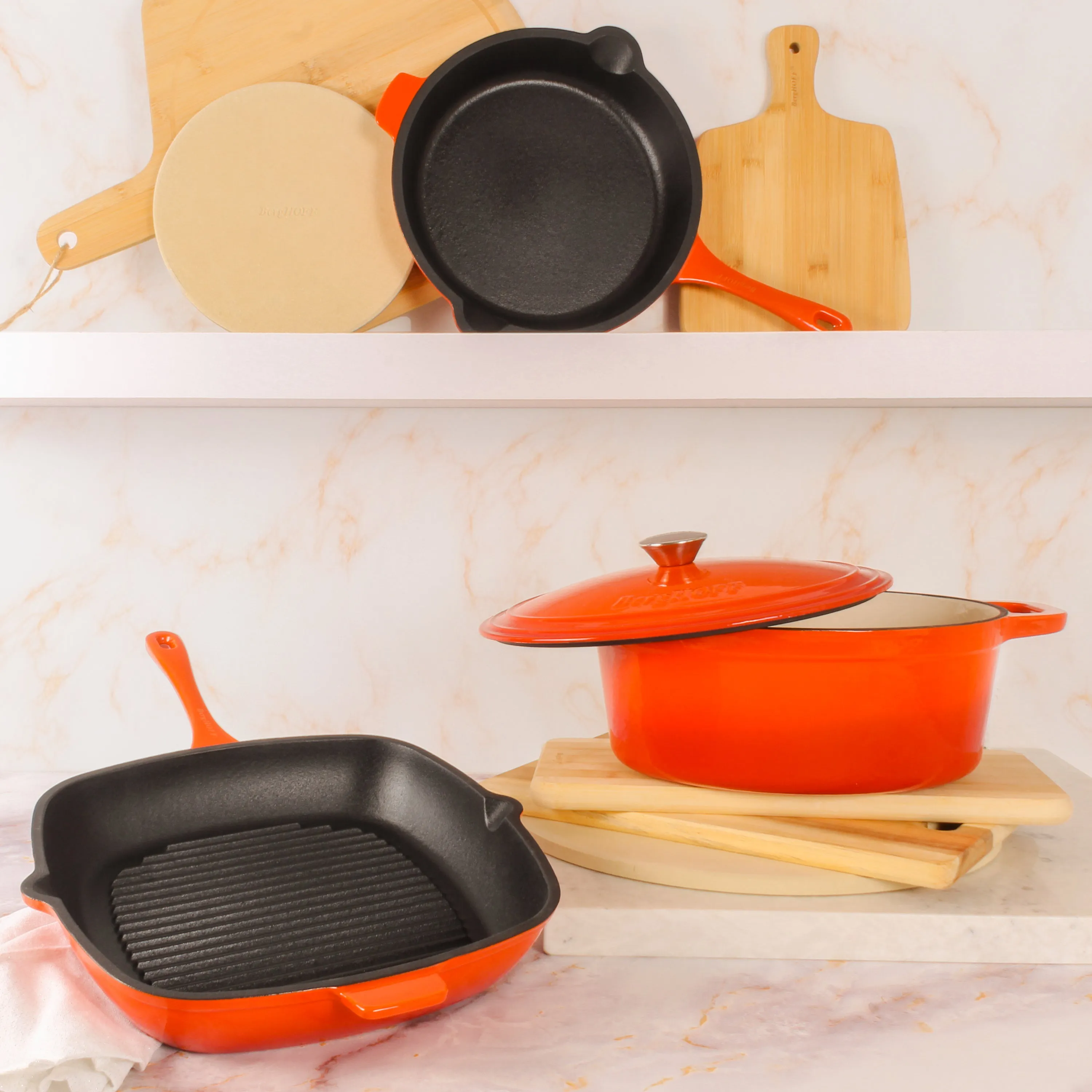 BergHOFF Neo 4pc Cast Iron Cookware Set, Grill Pan, Fry Pan & Oval Dutch Oven, Orange