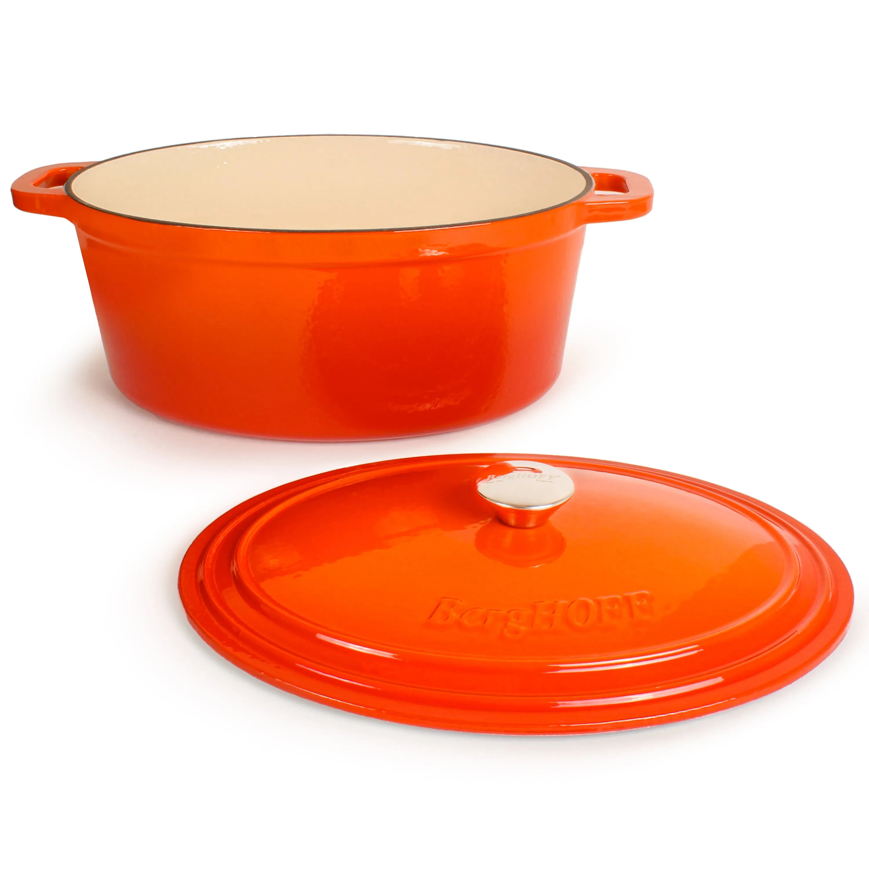 BergHOFF Neo 4pc Cast Iron Cookware Set, Grill Pan, Fry Pan & Oval Dutch Oven, Orange