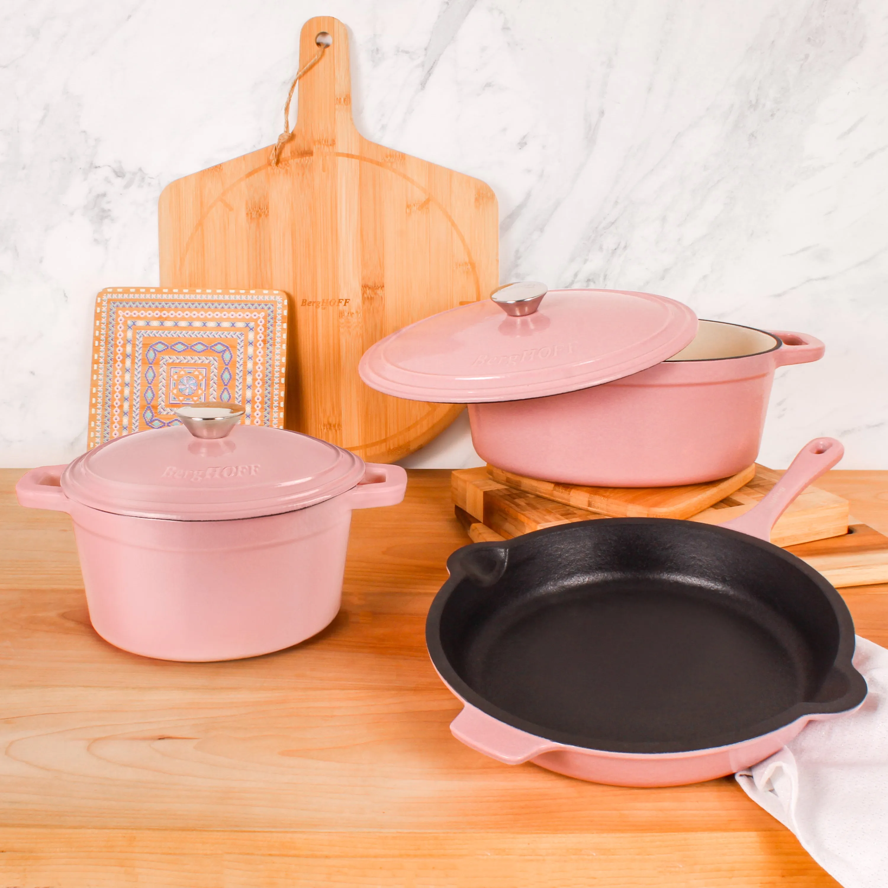 BergHOFF Neo 5pc Cast Iron Dutch Oven Set with 10" Fry Pan, 3qt. & 5qt., Pink