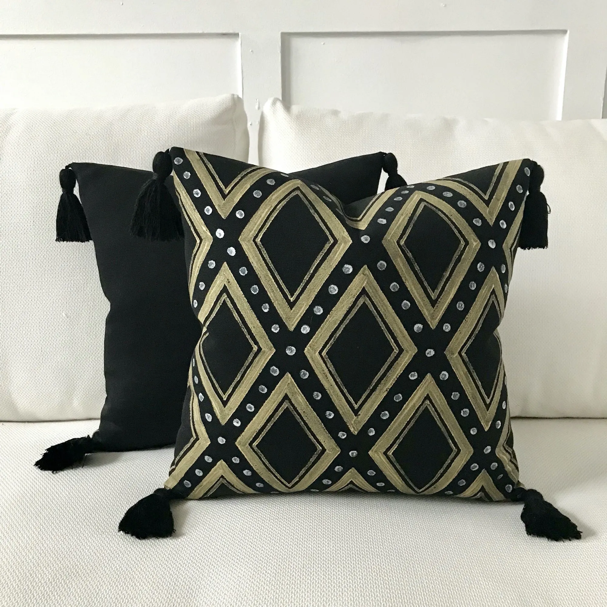 Black Art Deco Geometric Outdoor Throw Pillow Cover 17x17