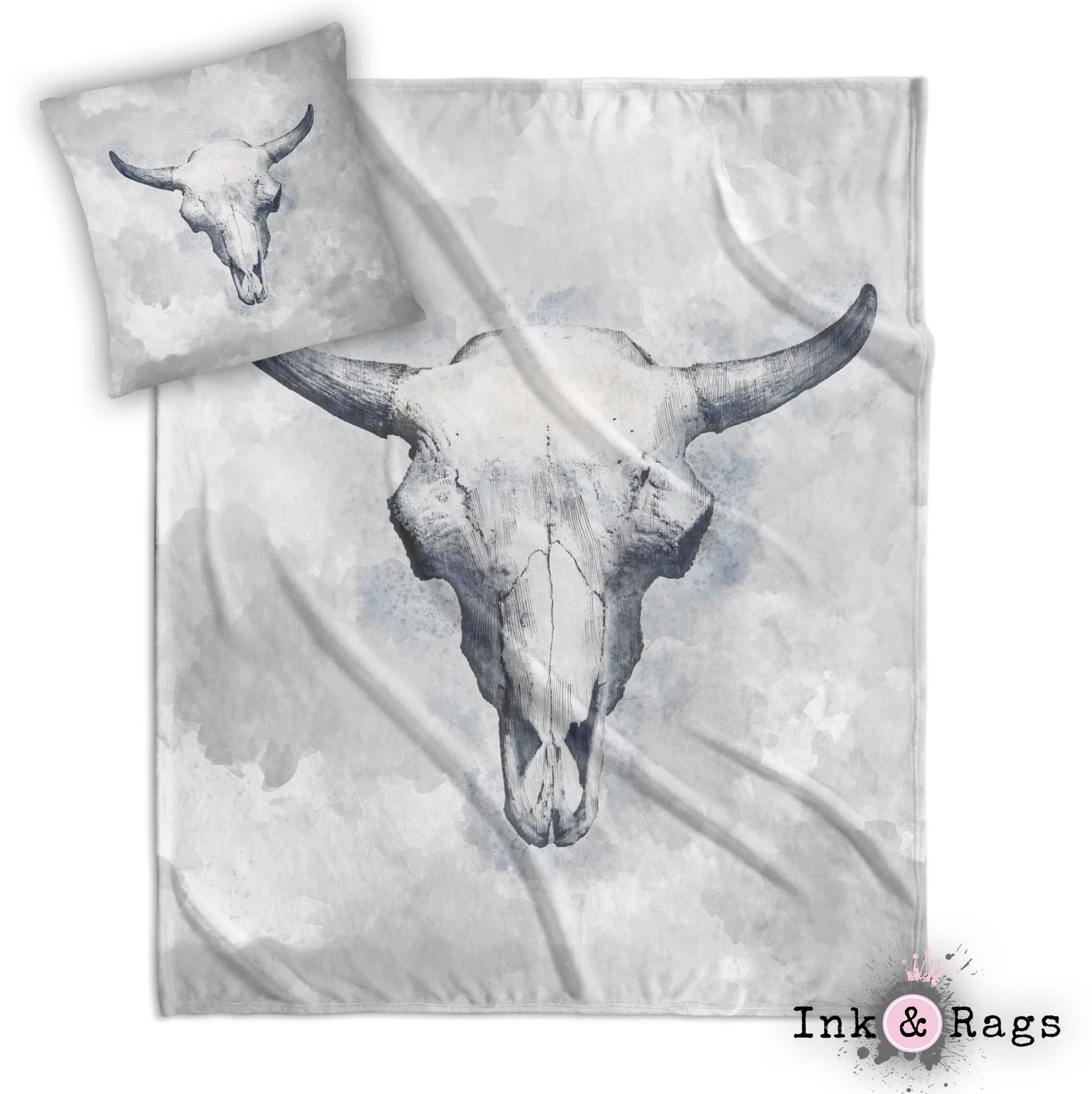 Blue Bull Cow Skull Decorative Throw and Pillow Cover Set