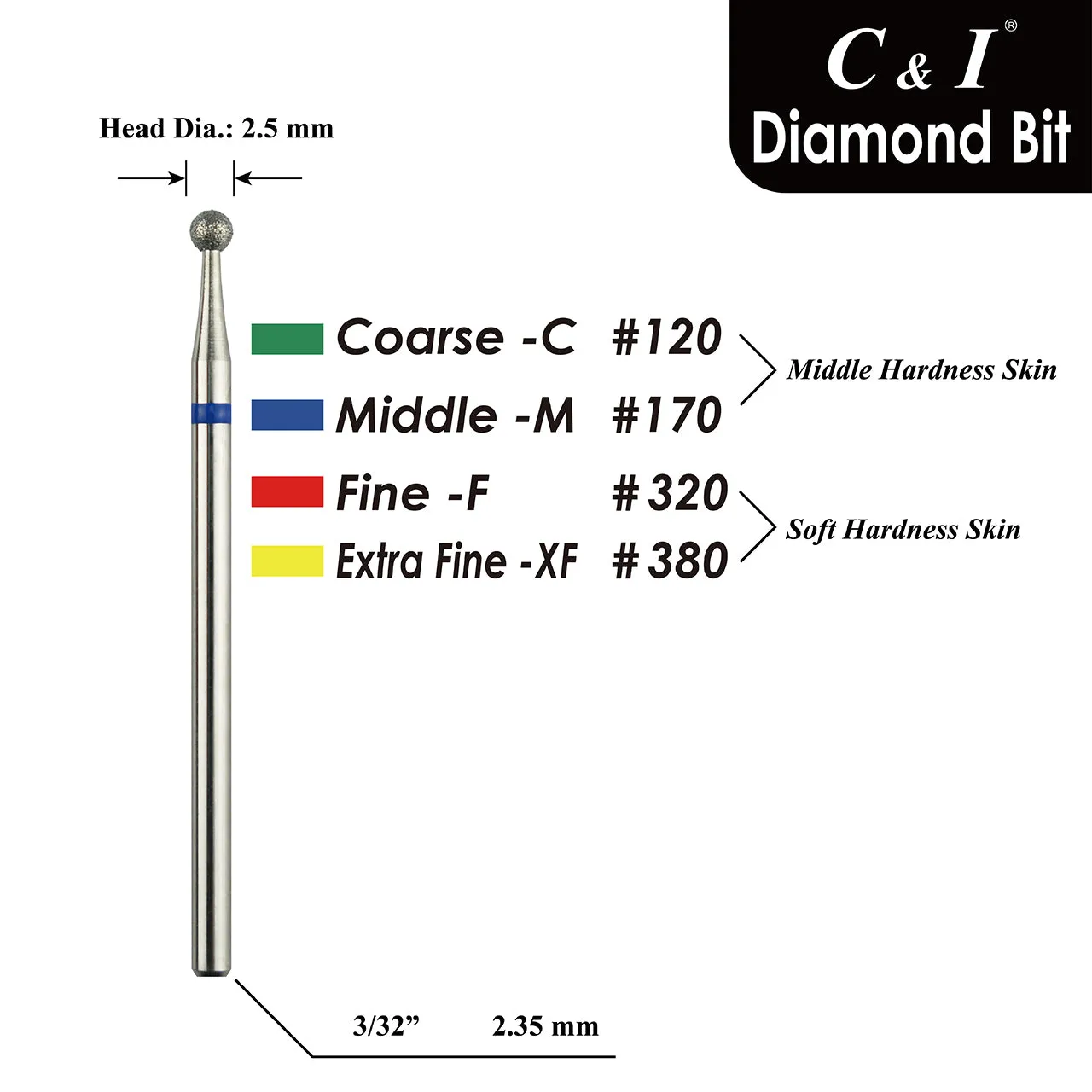 C&I Nail Drill Diamond Bit Ball Shape EFile Russian Style E-File Improved Diamond Sands Cuticle Care Nail Drill Bit for Nail Techs