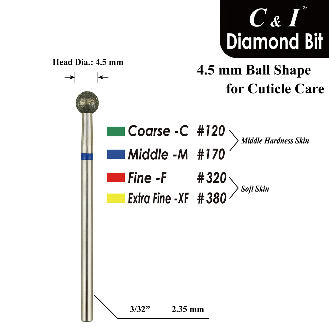 C&I Nail Drill Diamond Bit Ball Shape EFile Russian Style E-File Improved Diamond Sands Cuticle Care Nail Drill Bit for Nail Techs