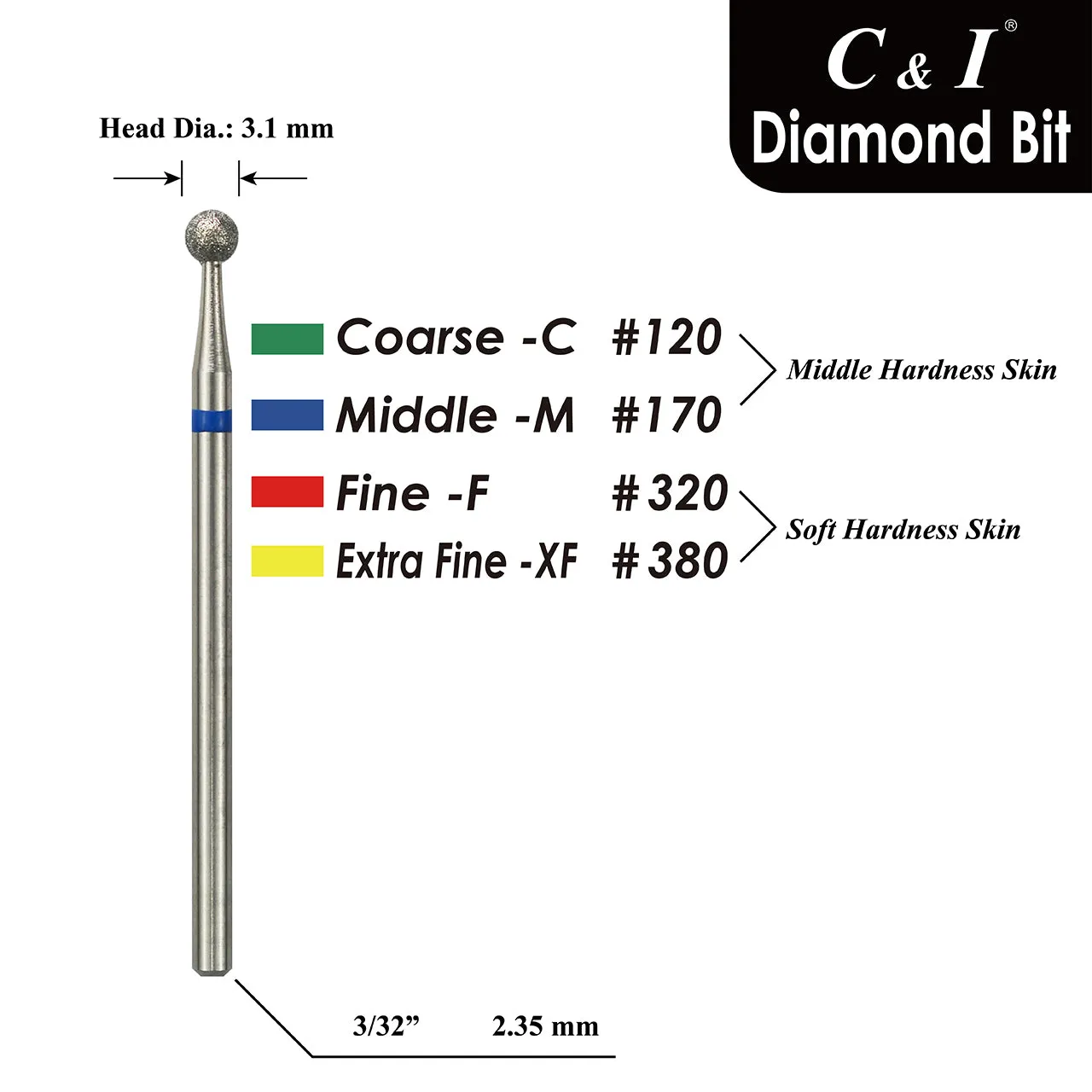 C&I Nail Drill Diamond Bit Ball Shape EFile Russian Style E-File Improved Diamond Sands Cuticle Care Nail Drill Bit for Nail Techs