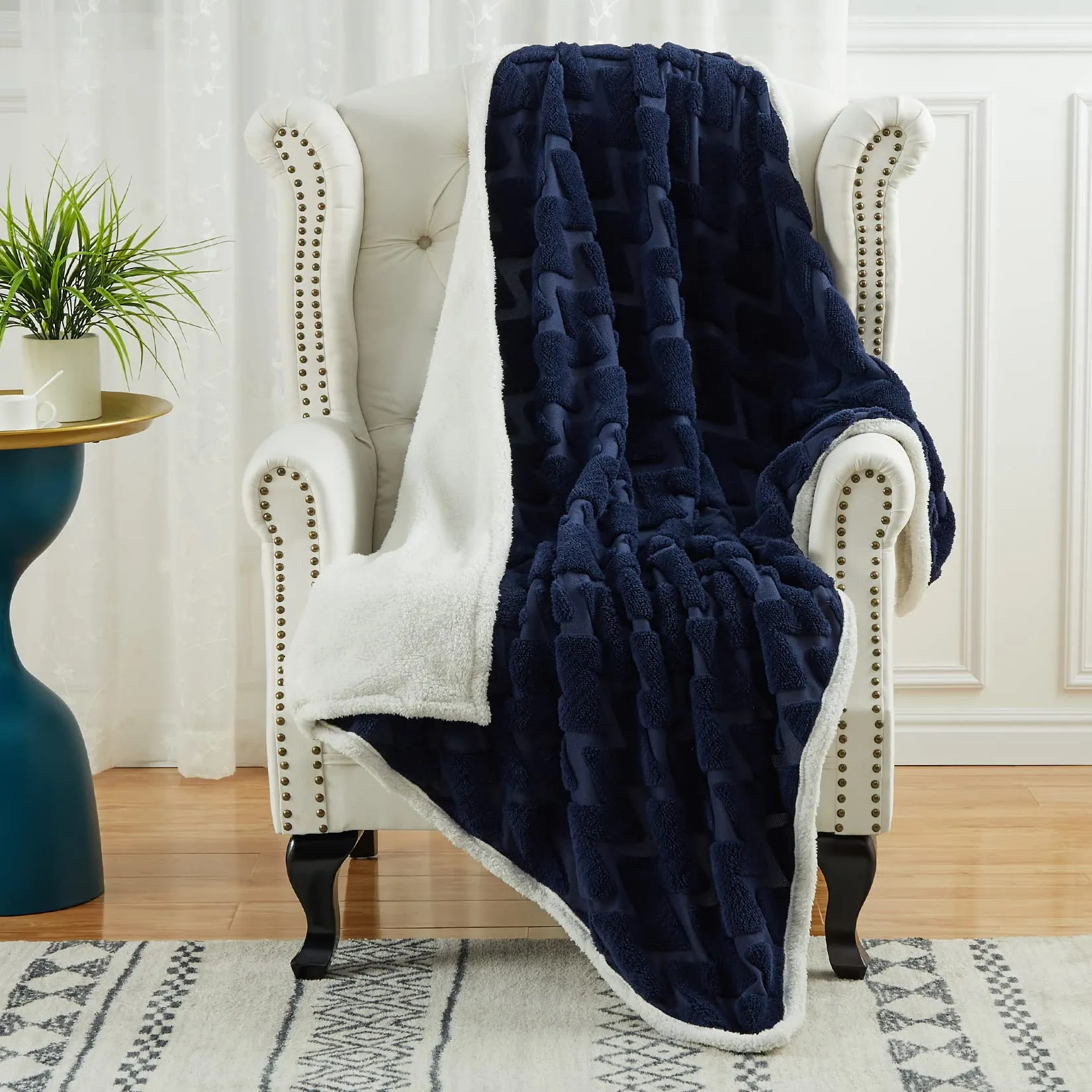 CAROMIO Sherpa Fleece Soft Plush Jacquard Fluffy Throw Blanket Navy Blue 50" x 60"