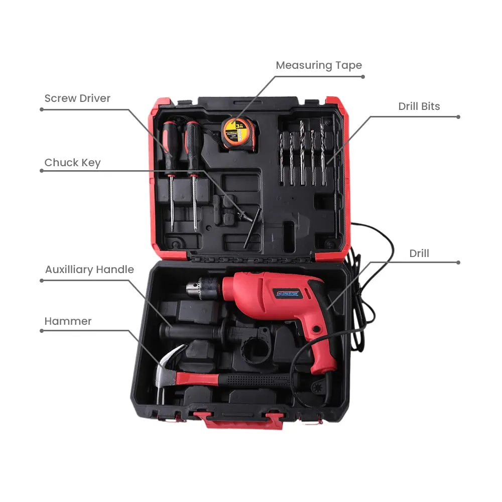 Cheston Ultra 13mm Drill Kit 600W Powerful Impact Drill Machine Kit | Screwdriver Kit with 13 Pieces Tool Kit and Accessories | Drill Bits Tape Hammer Screwdriver