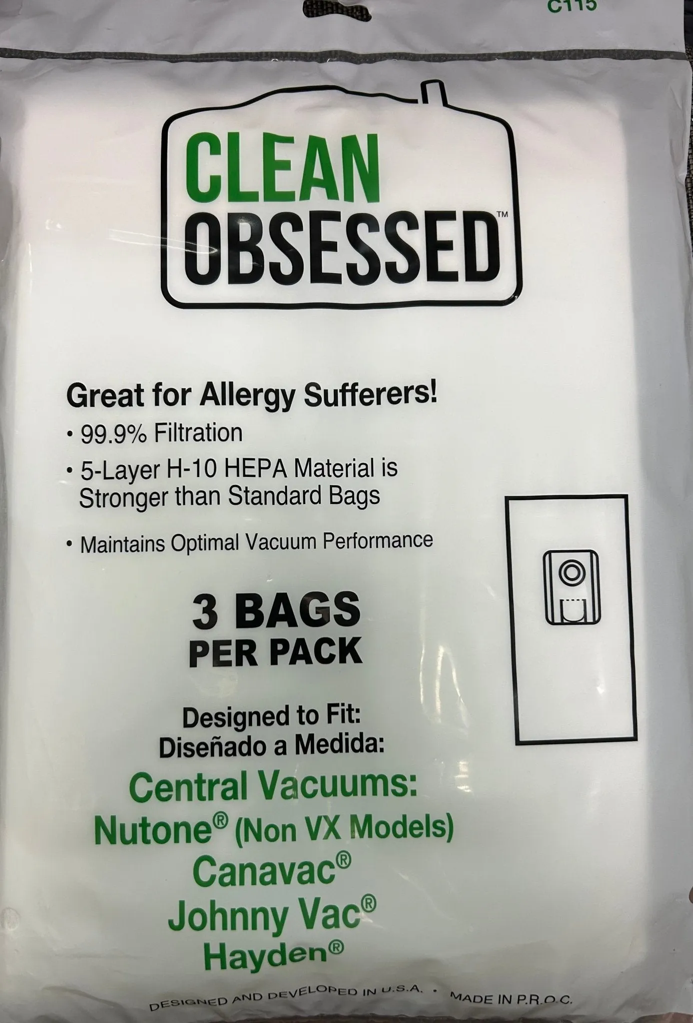 Clean Obsessed Central Vacuum Replacement Bags 3pk fits Nutone Non VX Models, CV350, CV352, CV353, CV450, CV653, and CV750, Canavac, Johnny Vac, Hayden.