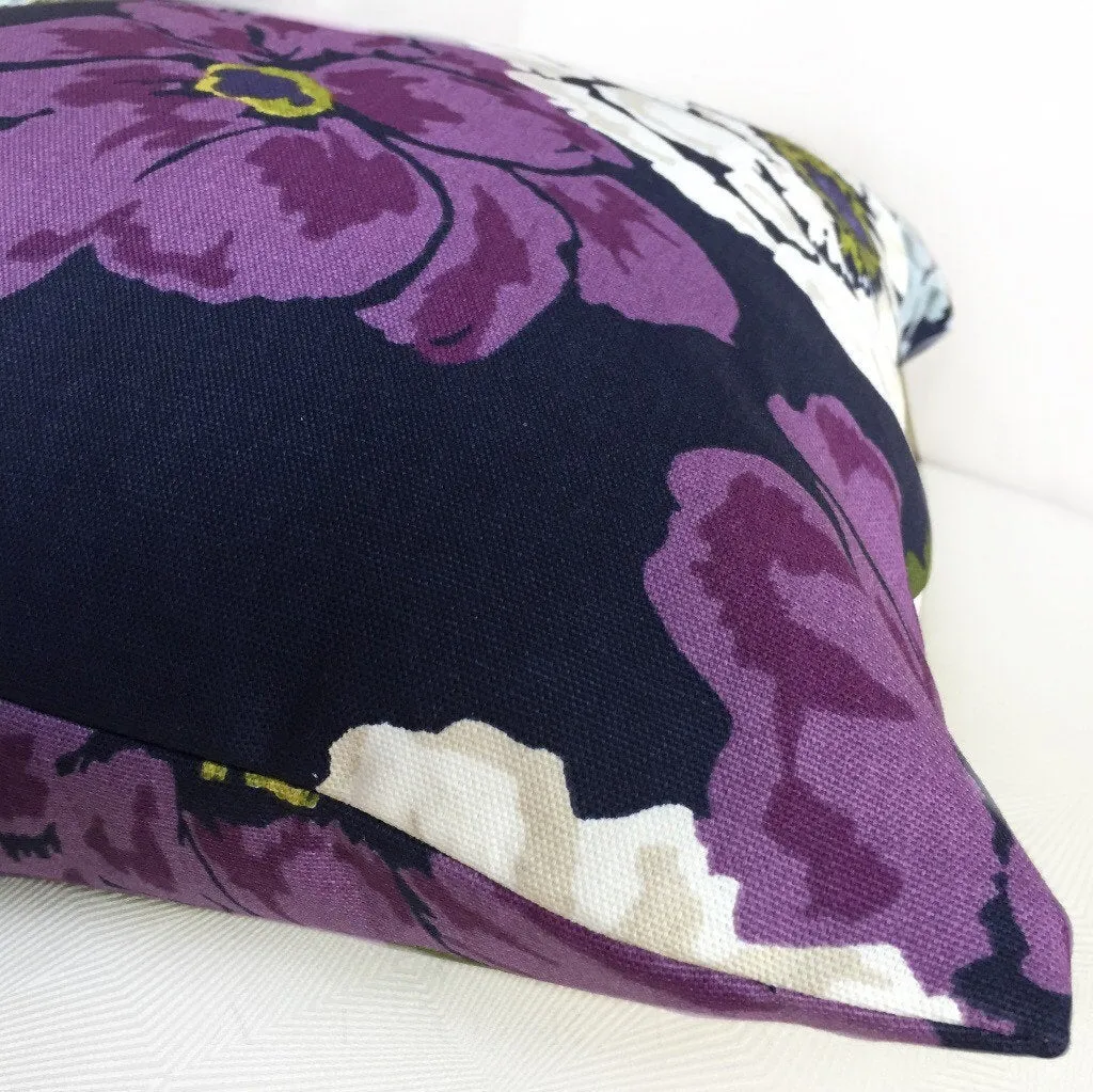 (CLEARANCE) Robert Allen Navy Blue Purple Violet Modern Floral Print Pillow Cover