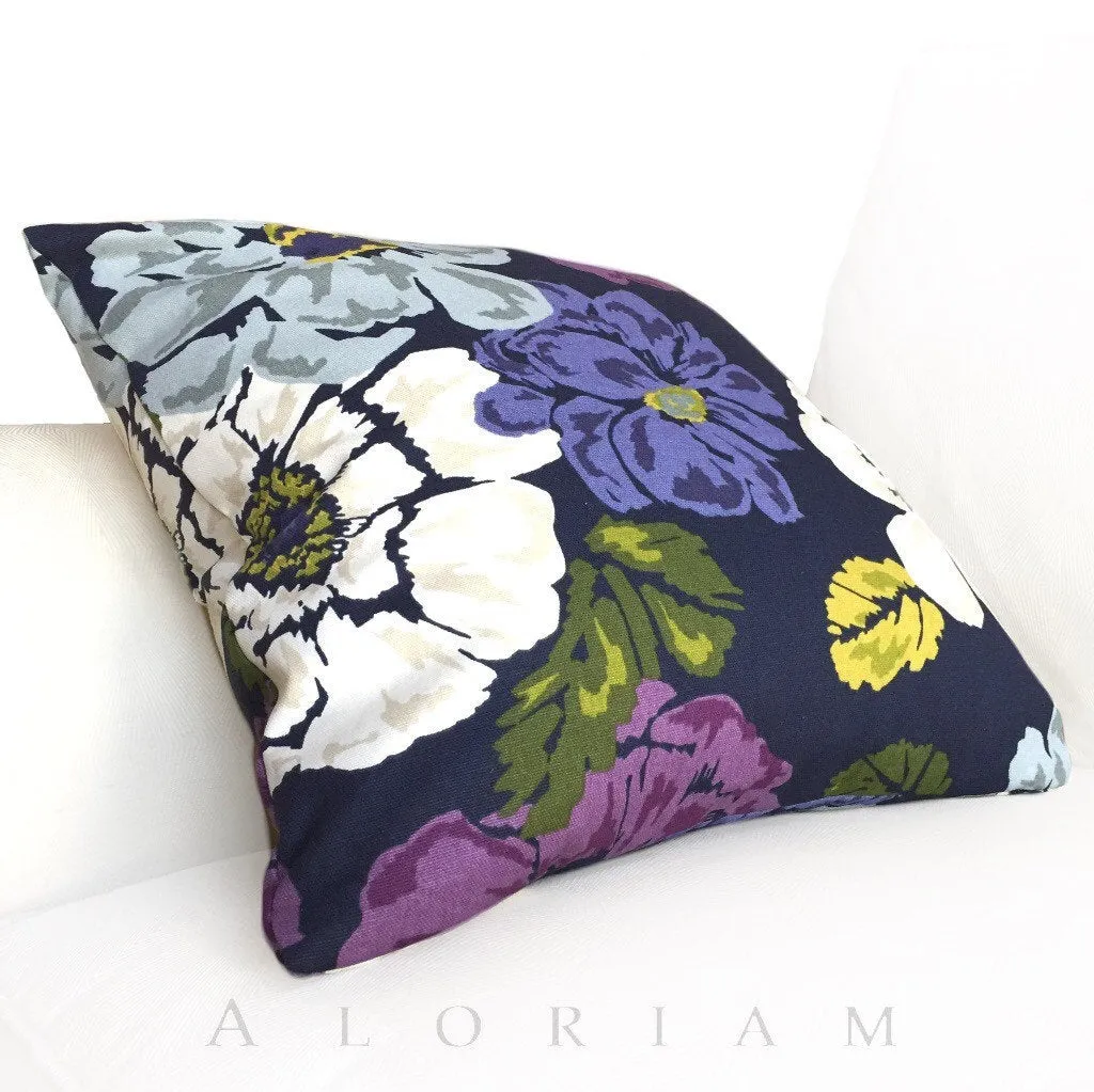 (CLEARANCE) Robert Allen Navy Blue Purple Violet Modern Floral Print Pillow Cover