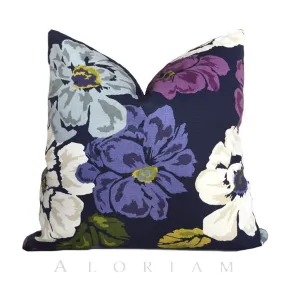 (CLEARANCE) Robert Allen Navy Blue Purple Violet Modern Floral Print Pillow Cover