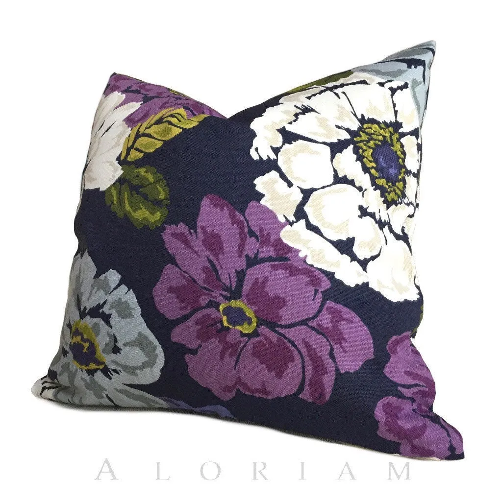 (CLEARANCE) Robert Allen Navy Blue Purple Violet Modern Floral Print Pillow Cover