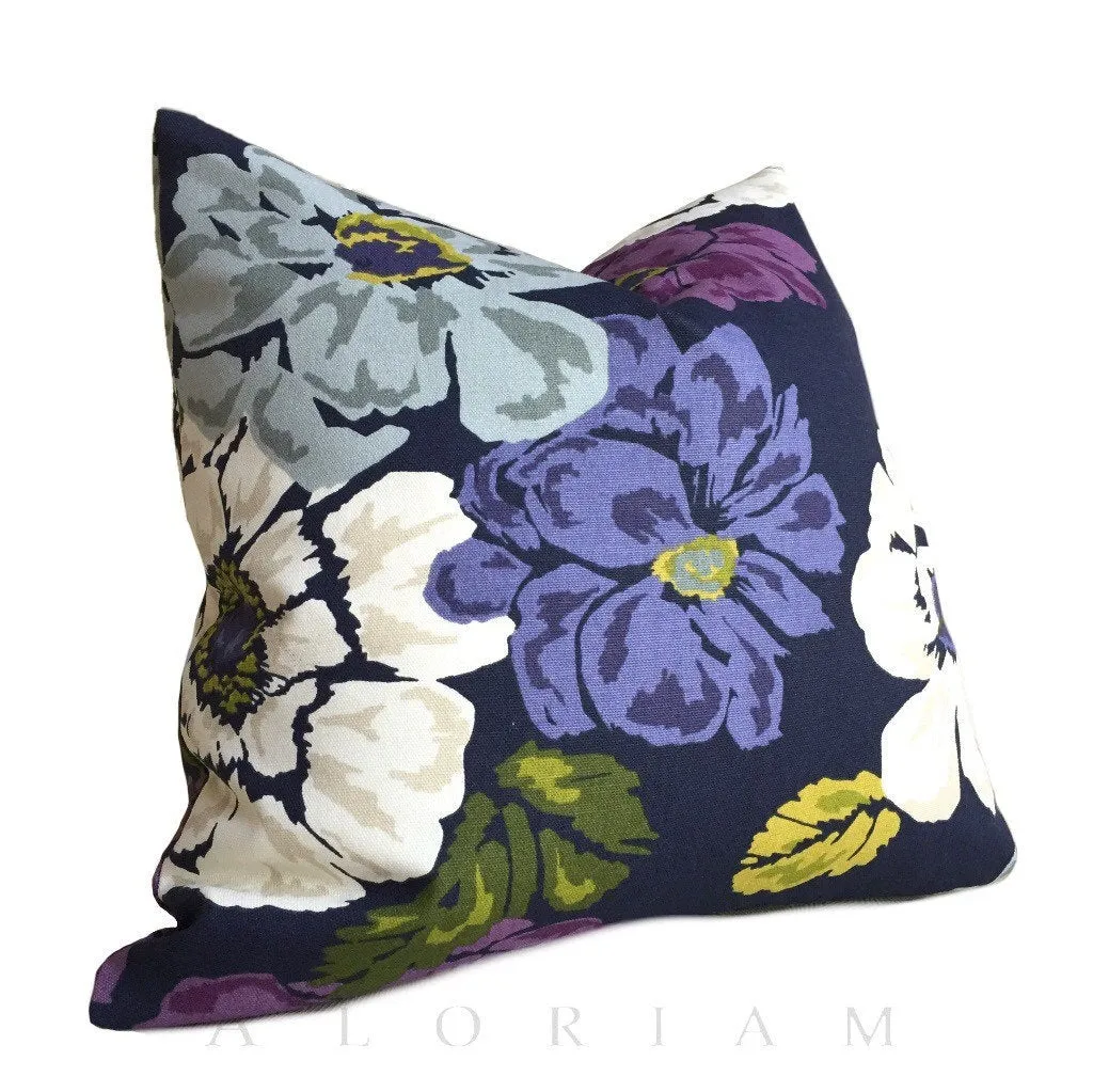 (CLEARANCE) Robert Allen Navy Blue Purple Violet Modern Floral Print Pillow Cover