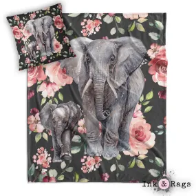 Dark Pink Rose Mama and Baby Elephant Decorative Throw and Pillow Cover Set