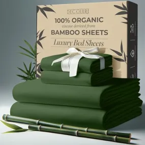 DECOLURE 100% Organic Viscose Derived from Bamboo Sheets King Size 4pcs - Ultra Soft & Luxuriously Cooling, 17" Deep Pocket, Double Stitching, Perfect for Hot Sleepers - King Bed Sheets (Olive)