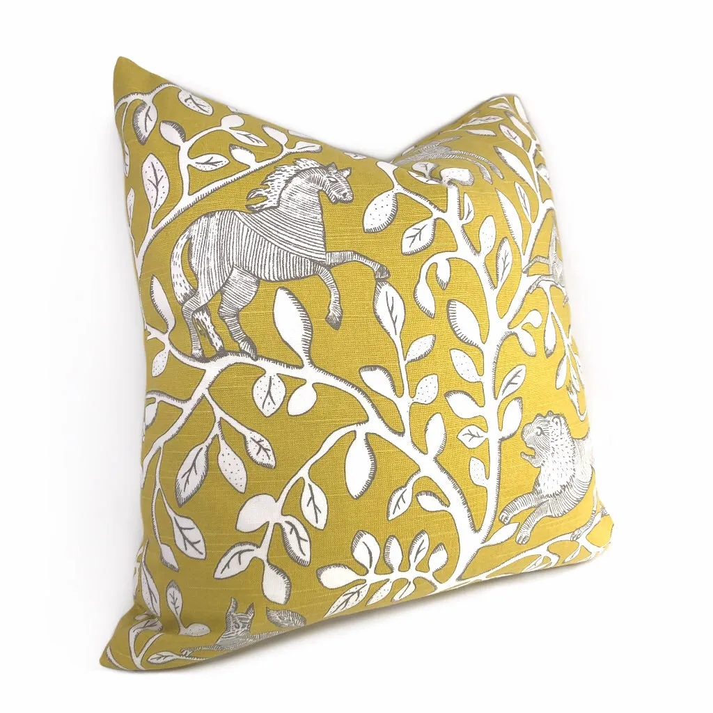 Dwell Studio Pantheon Folk Art Animals Forest Yellow Cream Pillow Cover