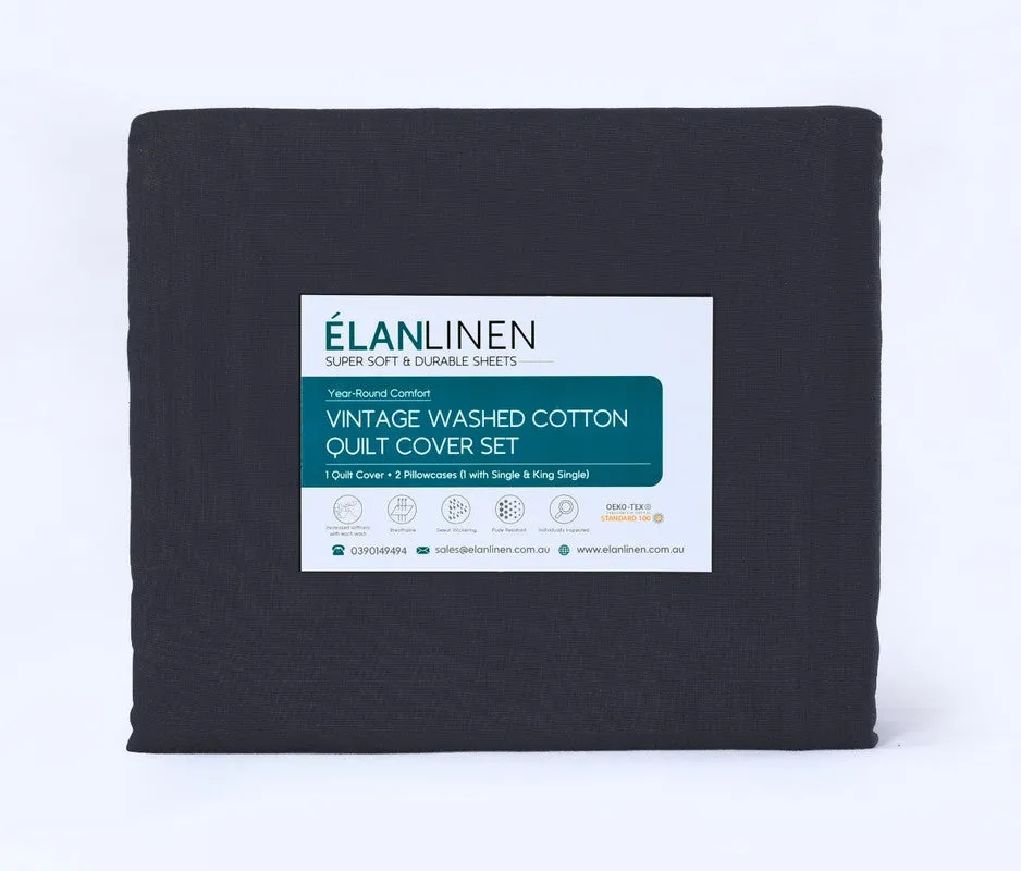 Elan Linen 100% Egyptian Cotton Vintage Washed 500TC Charcoal 50 cm Deep Mega Queen SIze Bed Sheets Set