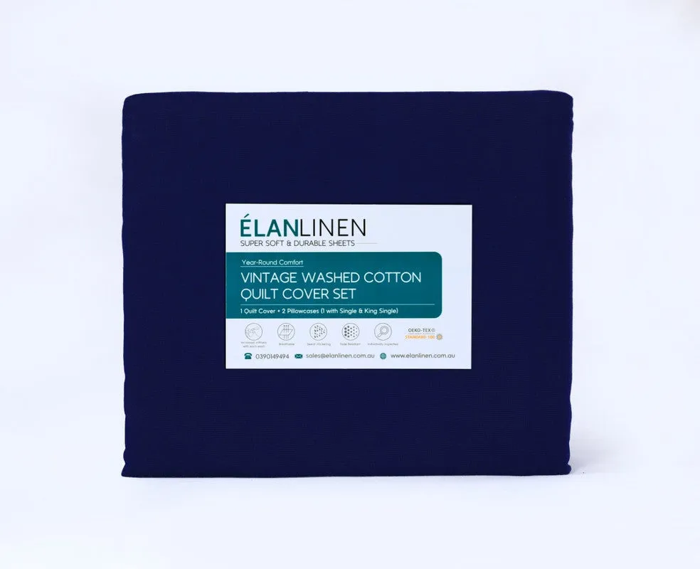 Elan Linen 100% Egyptian Cotton Vintage Washed 500TC Navy Blue Double Bed Sheets Set