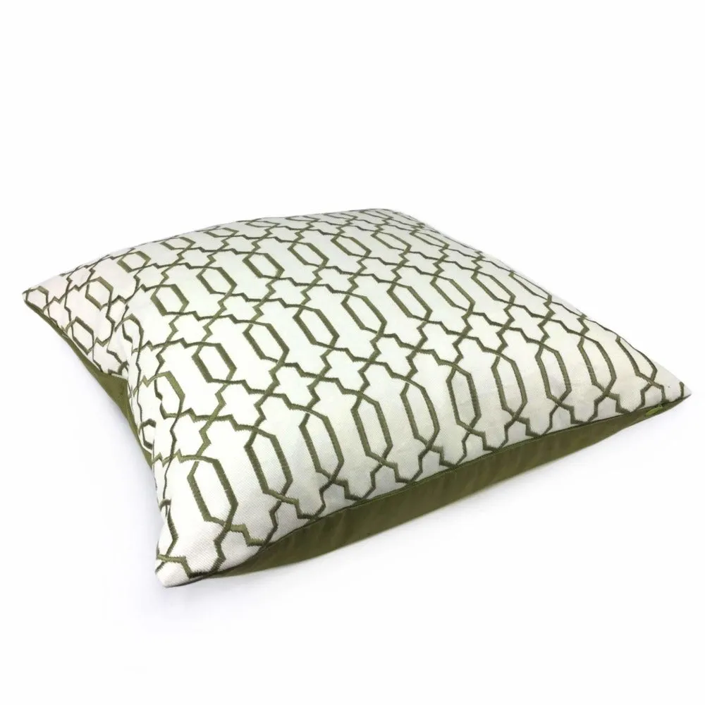 Elysa Green Olive & Cream Embroidered Geometric Fretwork Lattice Pillow Cover