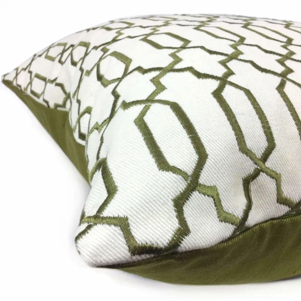 Elysa Green Olive & Cream Embroidered Geometric Fretwork Lattice Pillow Cover